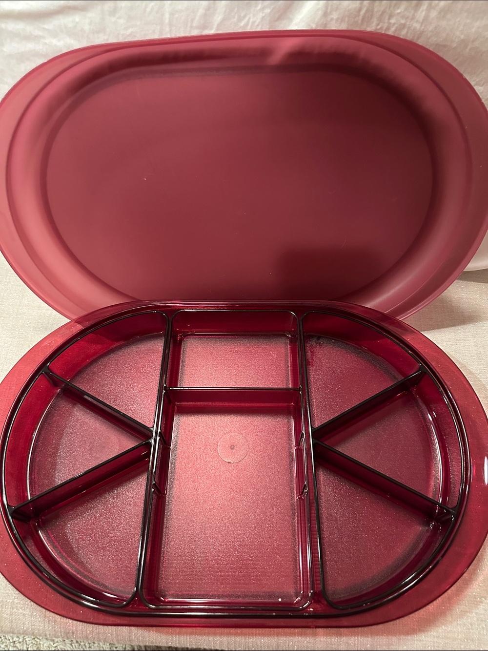 Vintage Tupperware Preludio Multi-Compartment Oval Serving Tray in cranberry
